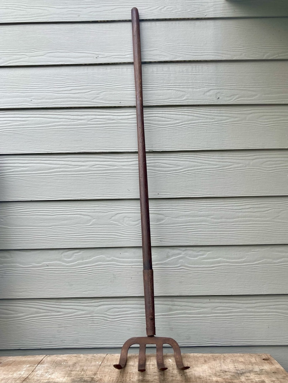 Vintage Farming Tool Wood Handle Manure Drag Rake 4 Tine Stamped Dorcy